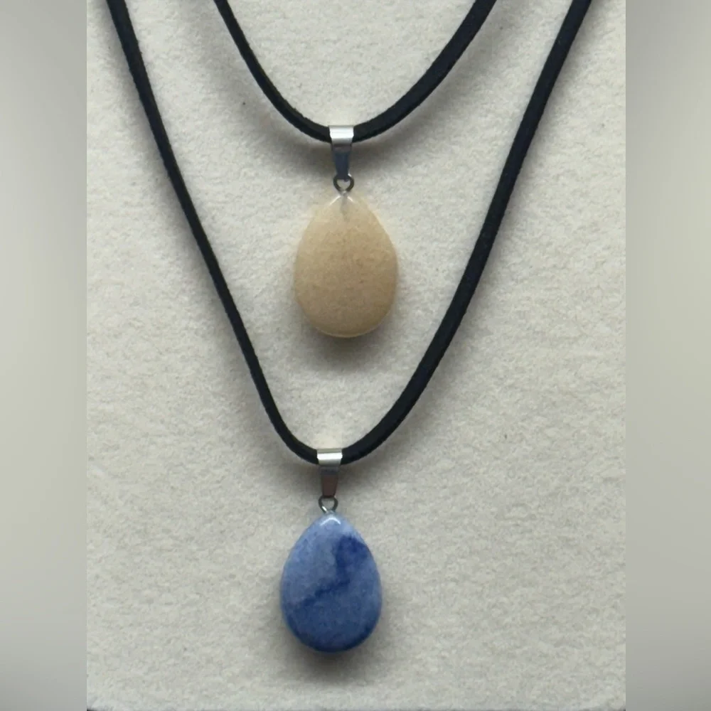 Set of 2 Natural Stone Drop Pendant Suede & Faux
Leather String Cord Necklaces - Picture 3 of 9